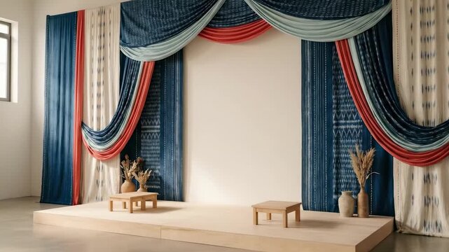shadi stage decoration - A beautifully set stage featuring draped curtains in rich colors, complemented by minimalist wooden furniture and decorative plants for an elegant ambiance