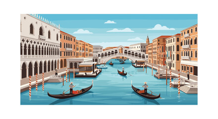 Fototapeta premium A detailed flat illustration of the Venice Grand Canal features the Rialto Bridge and gondolas navigating the turquoise water by buildings.
