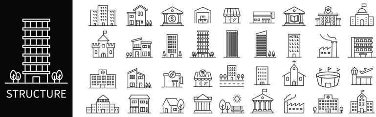 Obraz premium Extensive grid of 36 minimalist building and structure icons in clean line art, featuring diverse architectural designs from residential houses to industrial facilities and modern skyscrapers.