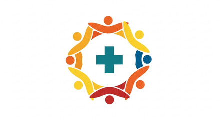 Fototapeta premium Diverse people forming a circle around a medical cross symbol teamwork and healthcare concept