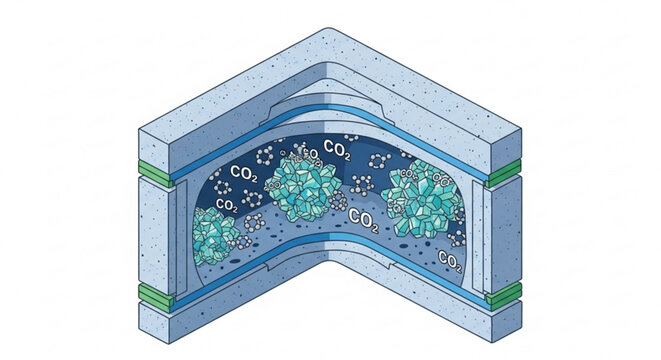 3d illustration of a corner section of a gas separation membrane with co2 molecules passing through showcasing filtration technology