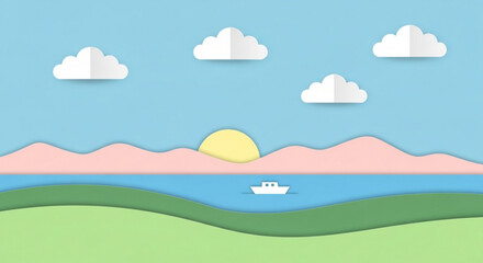 Obraz premium Minimalist cartoon landscape with boat on water sunny sky and fluffy clouds serene natural scenery