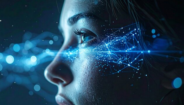 Futuristic Vision: A close-up portrait of a woman's face, her eye radiating with futuristic light, hinting at advanced technology and artificial intelligence.