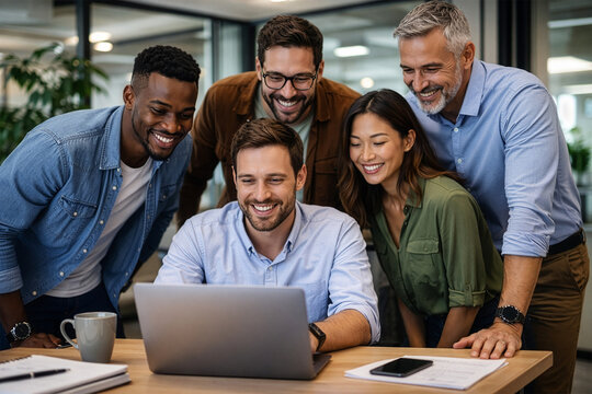 A diverse team looking excitedly at a coworker's laptop screen.