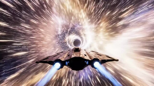 A futuristic spaceship hurtles through a swirling vortex of light and energy