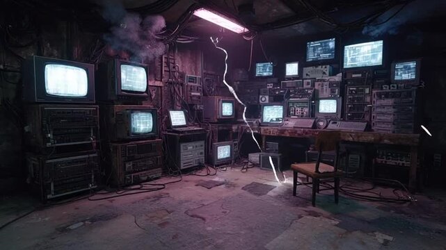 Dark Surveillance Room with Multiple Monitors and TVs.