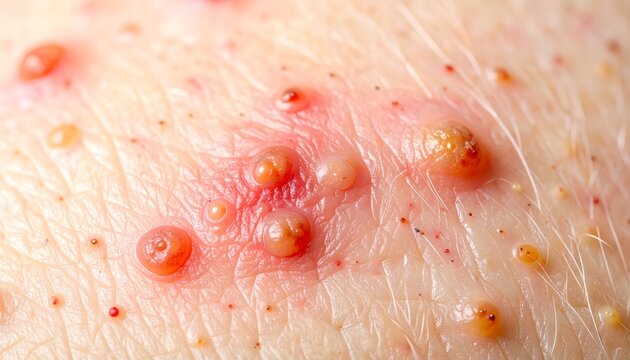 Close-up of skin with multiple red and yellow blisters, possibly indicating an allergic reaction or skin condition.