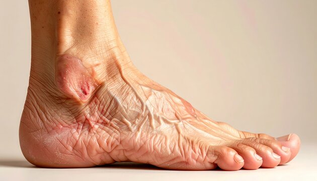 Detailed view of a human foot with visible veins and skin texture on a light background.