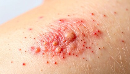 Fototapeta premium Close-up of a skin rash with blisters, indicating a possible allergic reaction or infection.