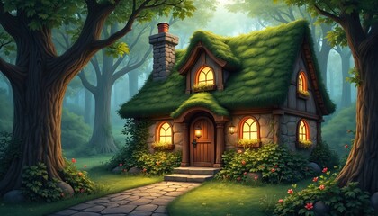 Fototapeta premium Small fairytale cottage with green roof sits in misty forest. Stone and wood house has glowing windows and flowers growing on walls. Stone path leads to cute home.