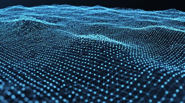 A digital 3D mesh of glowing blue dots and lines forming an undulating wave surface, symbolizing data landscapes and advanced modeling.