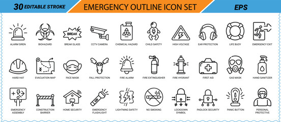 Emergency outline icon set with 30 editable stroke icons Keywords: alarm siren, biohazard, break © Bellal Icon Studio