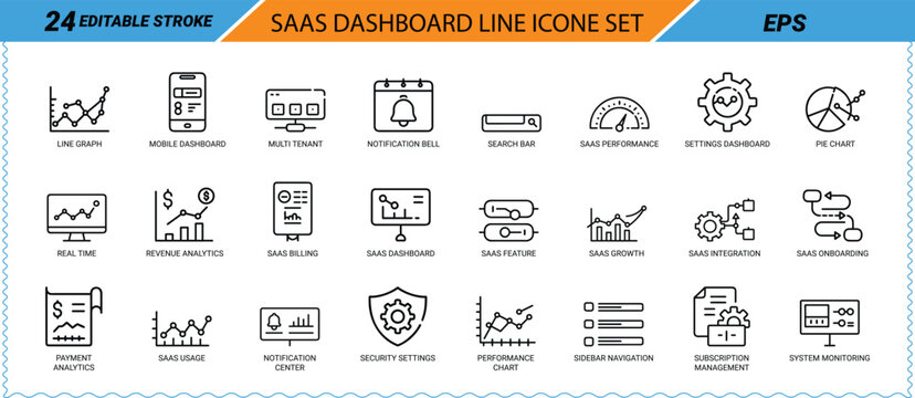 Saa S Dashboard Line Icon Set Editable Stroke EPS Keywords: saas, dashboard, line, icon, set