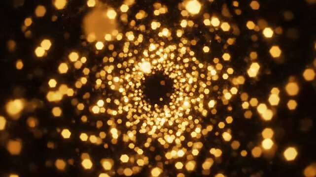 Golden glowing particles swirling in a dark background.