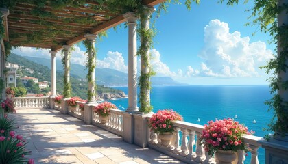 Fototapeta premium Terrace with flowers overlooks blue ocean with sailboats and green hillsides. White columns support wooden pergola roof. Sunny day brings bright light to scene.