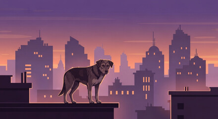 A dog stands on a rooftop overlooking a cityscape during a serene purple and orange sunset with skyscrapers in the background © Gs