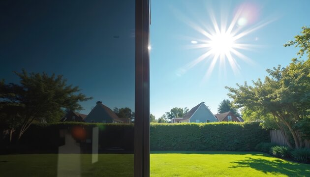 Modern window contrasts dark privacy tint with clear glass showing green yard and blue sky. Houses and trees reflect on tinted surface under bright sun. Smart home tech offers privacy.