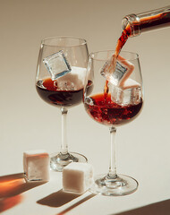Red Beverage Pouring in Stemware with Sugar Cubes on Beige Surface
