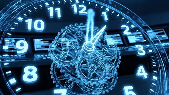 A close-up of a clock face with exposed gears and illuminated blue numbers and hands