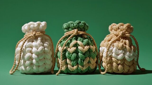 Three Crocheted Bags on Green Background.