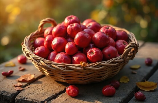 Basket brimming with ripe kokum fruits on rustic wood table. Scattered leaves and warm afternoon sun highlight nature harvest. Freshness of summer produce is evident.