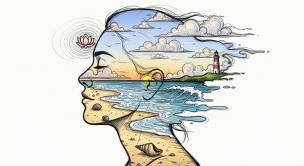 Double Exposure Peaceful Ocean Sunrise Relaxed Portrait