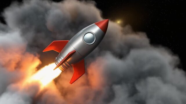 A stylized silver rocket with red fins and nose cone launching into outer space, flames and smoke propelling it forward, symbolizing exploration and new frontiers.
