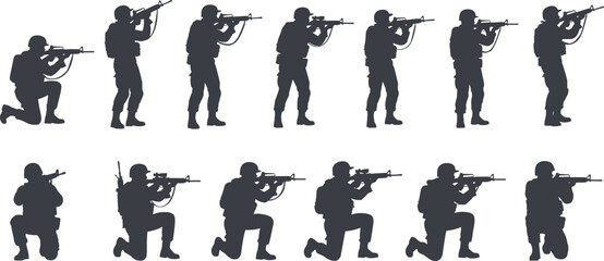 Military soldier silhouette vector set, armed combat shooting poses collection, tactical army forces illustration, modern warfare action figures isolated on white background © Shuda