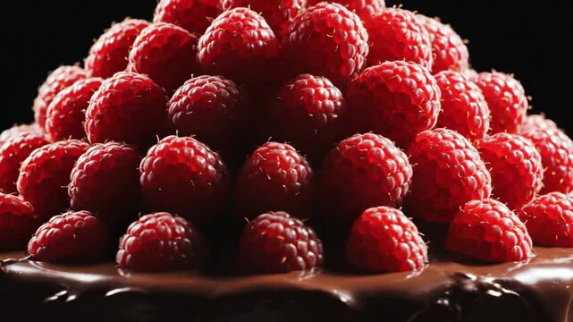 Intricately Stacked Glistening Raspberries Adorning a Rich Chocolate Dessert Creating a Visually Appetizing Treat
