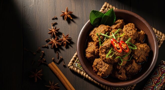 Authentic Beef Rendang dish served in bowl with chili, spices and star anise on dark wood table.