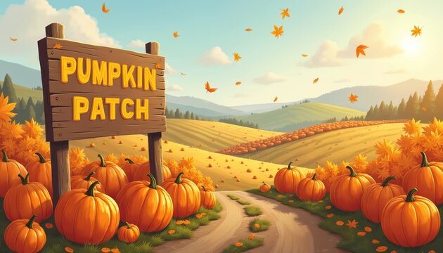 Wooden sign reads PUMPKIN PATCH near a rural farm field with many pumpkins. Autumn landscape shows rolling hills and falling leaves under sunny sky. Seasonal harvest decoration.