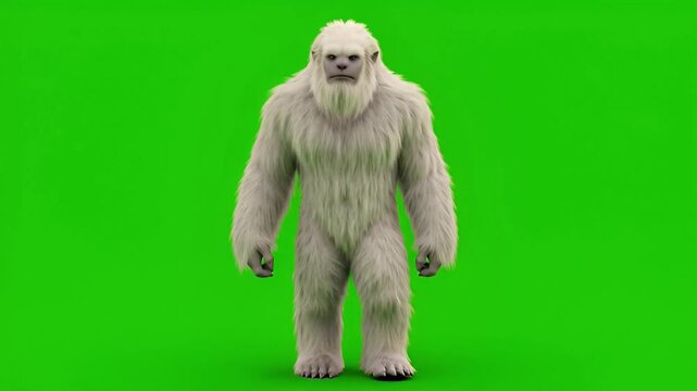 White furry ape-like creature standing upright on a vivid green screen, a digitally rendered mythical beast ready for seamless integration into various media projects and visual effects