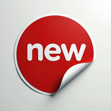 Red circular sticker with white word new is peeling from corner. Isolated on white background. Graphic element for product launch and sale announcements.