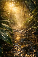 Golden sunrise rays illuminating tropical rainforest stream with lush green foliage