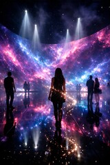 Immersive galaxy projection experience with people standing in cosmic light and futuristic exhibition hall
