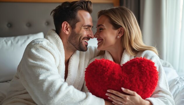 Couple in white robes smiles nose to nose holding red heart pillow in bed. Romantic connection and love expressed between a man and woman in cozy room. Happy relationship and intimacy.