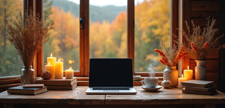 Cozy home office desk by window with laptop, coffee cup, and lit candles. Autumn trees visible outside, creating a warm, peaceful atmosphere for remote work and creativity.