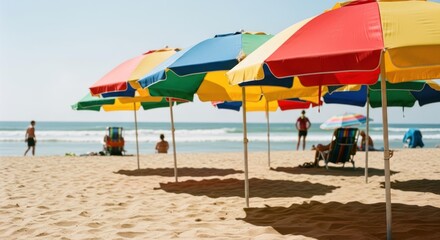 Fototapeta premium Sunny beach scene with colorful beach umbrellas, ocean waves, and people enjoying summer vacation on the sandy shore.