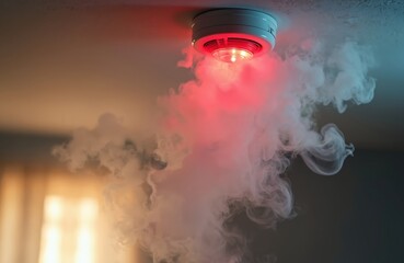 Obraz premium Smoke detector on ceiling emitting red light and smoke. Smoke alarm triggered, indicating potential danger. Safety sensor device active in home environment.