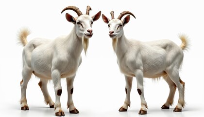 Obraz premium Two white goats stand facing with white backgrounds. One goat slightly larger than. Both horns, beards. Animals domestic farm animals, mammals with hooves. Furry, cute looking.