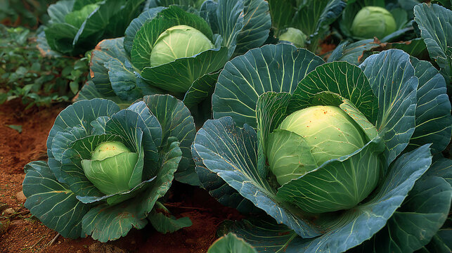 Lush Green Cabbage Patch With Dew Drops On Leaves In Sunlight