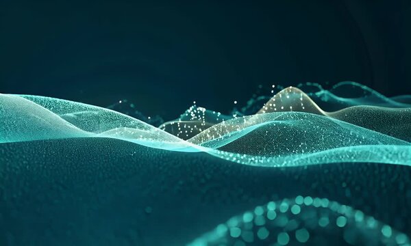Glowing blue waves of data points flow across a dark background
