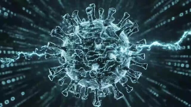 A digital representation of the COVID-19 virus with binary code in the background.