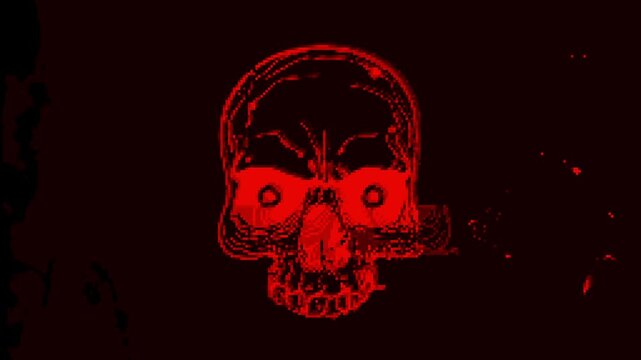Pixelated human skull symbol with fluid distortion effects