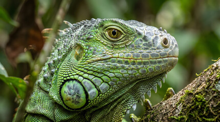 Fototapeta premium Green Iguana: Vibrant Scales and Piercing Eye