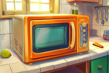 Colorful Cartoon Microwave Oven in a Vibrant Kitchen Scene