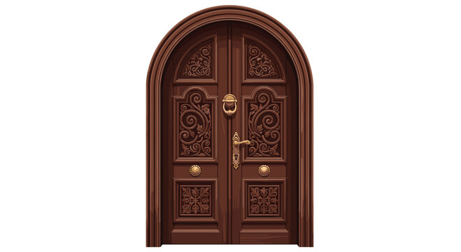 Ornate dark brown arched wooden double doors featuring intricate floral scrollwork carvings and golden hardware are set against a white background.