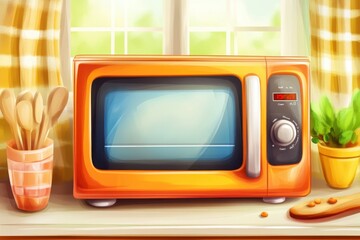 Bright Orange Microwave Oven in a Cozy Kitchen Scene