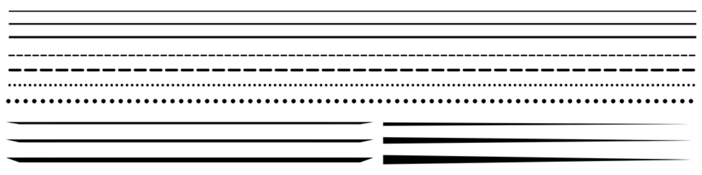 Horizontal line divider set featuring solid, dashed, dotted and tapered stroke separators. Minimal black vector border collection. 