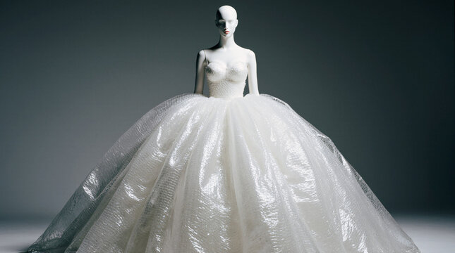Elegant fashion mannequin wearing a voluminous ballgown made of bubble wrap - Surreal haute couture.